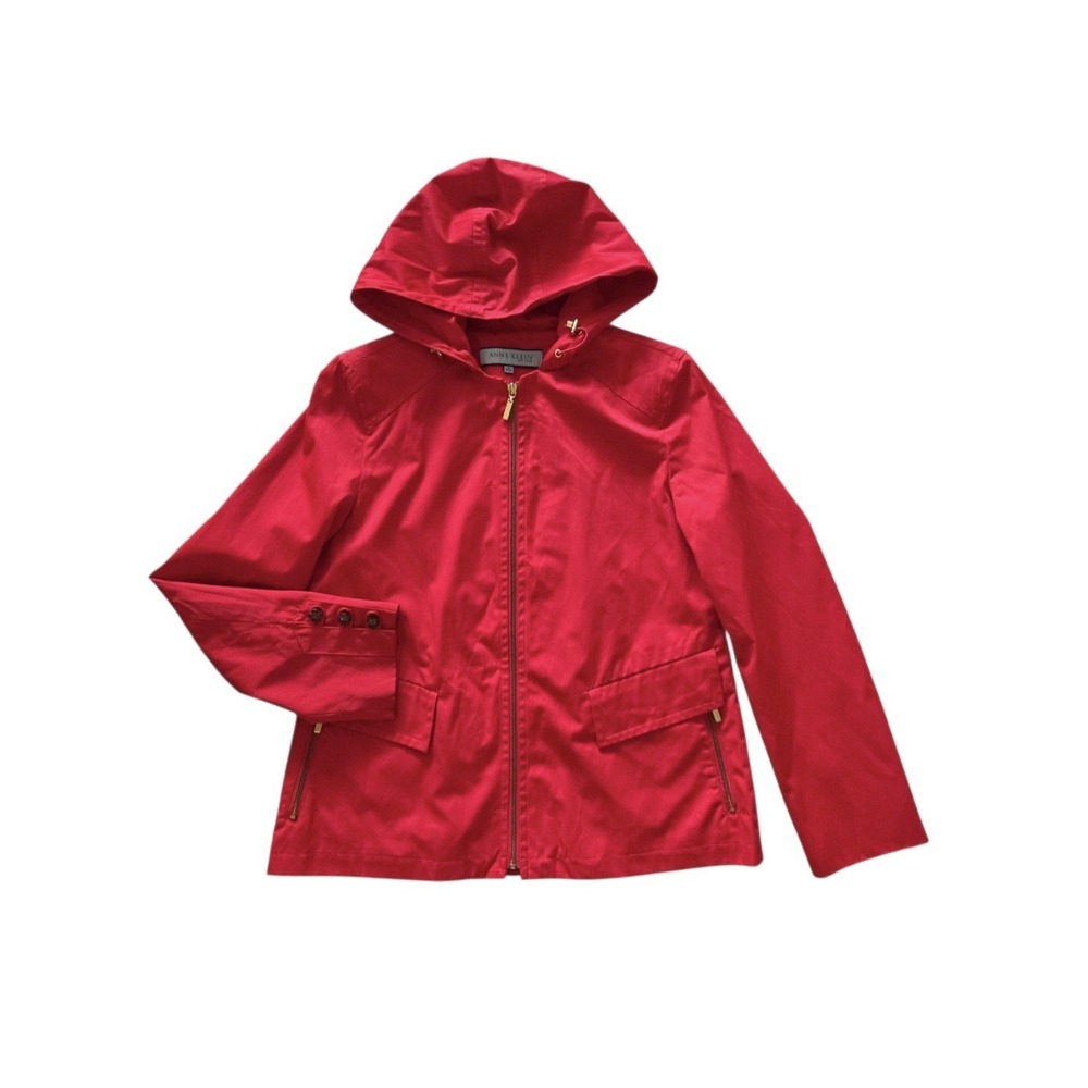 Anne Klein Red Hooded Jacket Coat Women's M Waterproof Windbreaker Utility